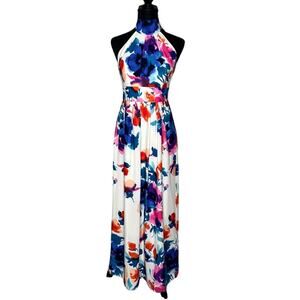 Eliza J Women Floral Halter Maxi Dress Chiffon Garden Party Wedding Size 4
